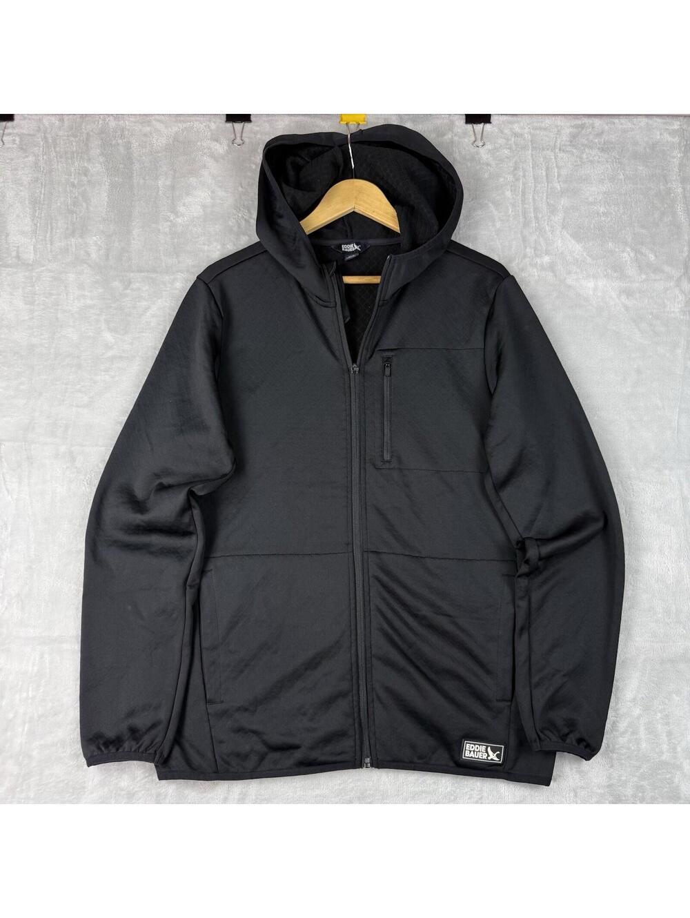 Eddie Bauer Grid Fleece Jacket Black Hooded Zip Outdoor Lightweight Mens M Hike